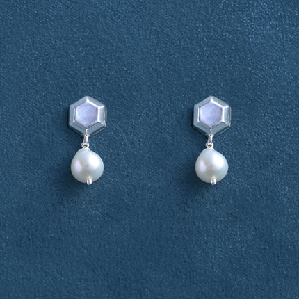 Hexagon Pearl Drop 92.5 Silver Stud Earrings