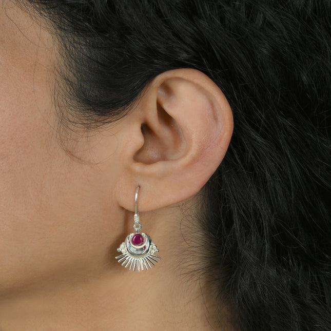 Ruby Crescent Sunburst 92.5 Silver Dangler Earrings