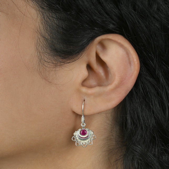 Ruby Lotus Filigree 92.5 Silver Dangler Earrings