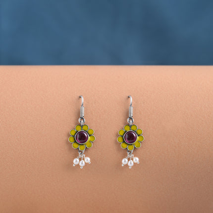 Sunflower Enamel Bloom ( 92.5 Oxidised Silver Dangler Earrings)