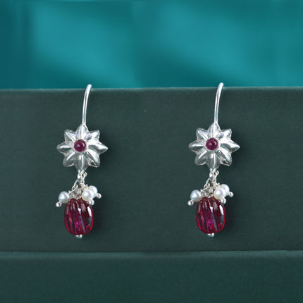 Ruby Blossom Pearl Cluster 92.5 Silver Dangler Earrings