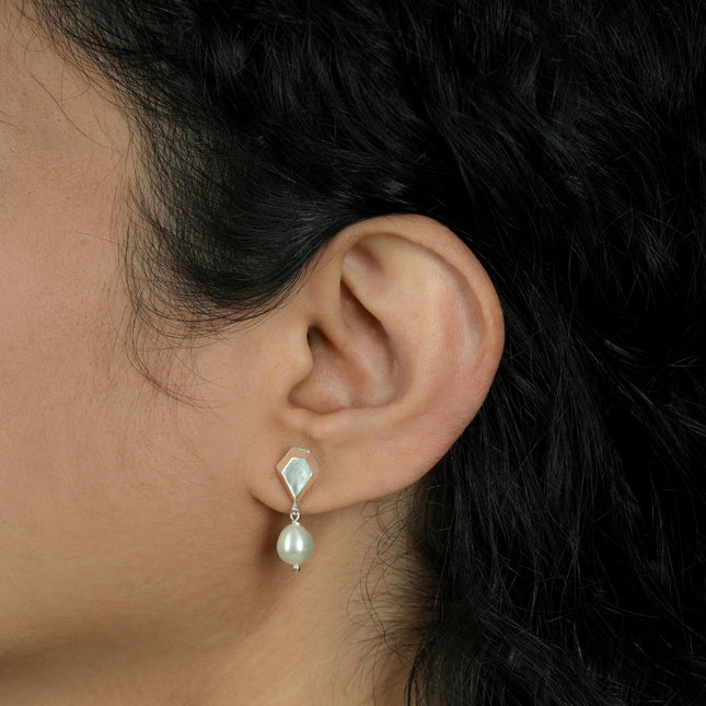 Geometric Pearl Drop 92.5 Silver Stud Earrings