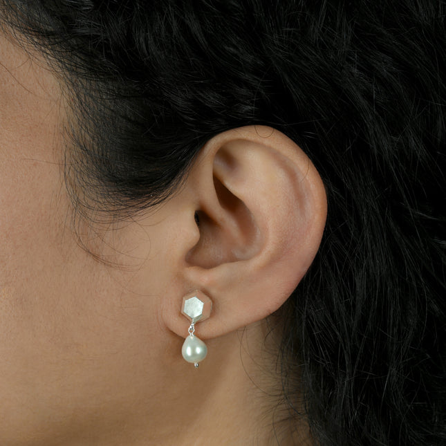 Hexagon Pearl Drop 92.5 Silver Stud Earrings