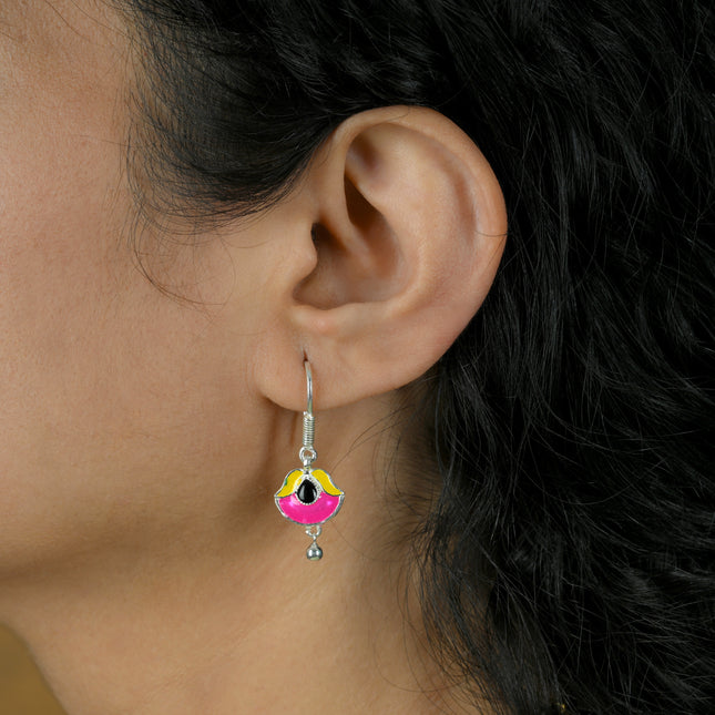 Fuchsia Enamel Lotus 92.5 Silver Dangler Earrings