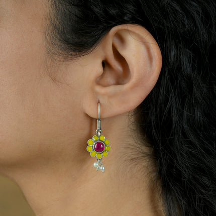 Sunflower Enamel Bloom ( 92.5 Oxidised Silver Dangler Earrings)