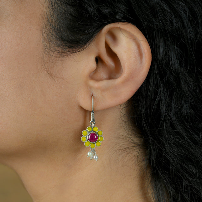 Sunflower Enamel Bloom ( 92.5 Oxidised Silver Dangler Earrings)