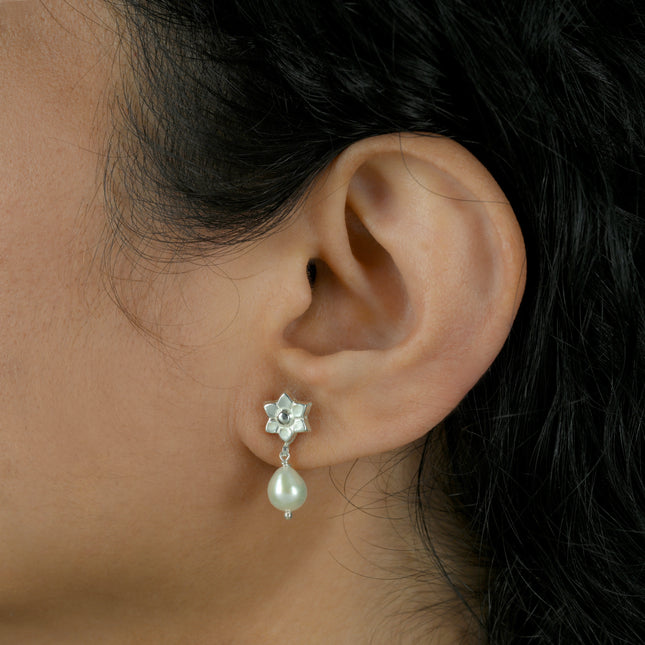Lotus Pearl Drop 92.5 Silver Stud Earrings
