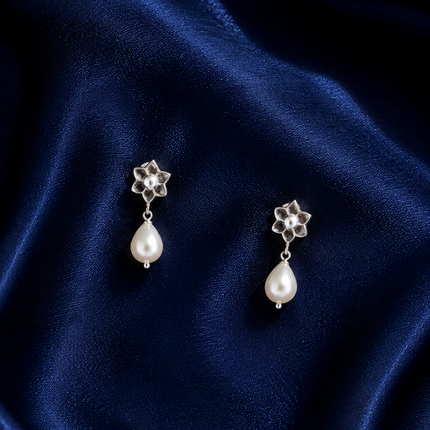 Lotus Pearl Drop 92.5 Silver Stud Earrings