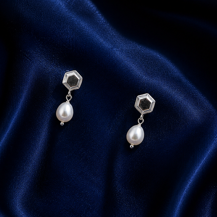 Hexagon Pearl Drop 92.5 Silver Stud Earrings