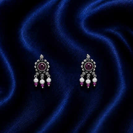 Ruby Pearl Trinity 92.5 Oxidised Silver Stud Earrings