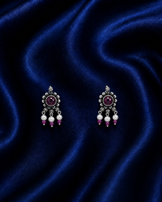 Ruby Pearl Trinity 92.5 Oxidised Silver Stud Earrings