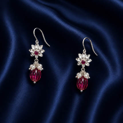 Ruby Blossom Pearl Cluster 92.5 Silver Dangler Earrings