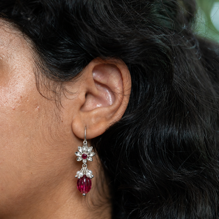 Ruby Blossom Pearl Cluster 92.5 Silver Dangler Earrings