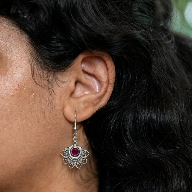 Ruby Lotus Filigree 92.5 Silver Dangler Earrings
