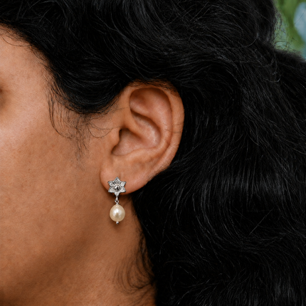 Lotus Pearl Drop 92.5 Silver Stud Earrings