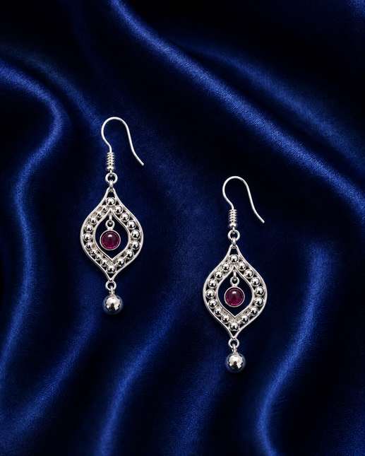 Ruby Teardrop Halo 92.5 Silver Dangler Earrings