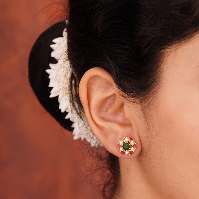Handcrafted Ruby Moti Embrald  Ear Tops