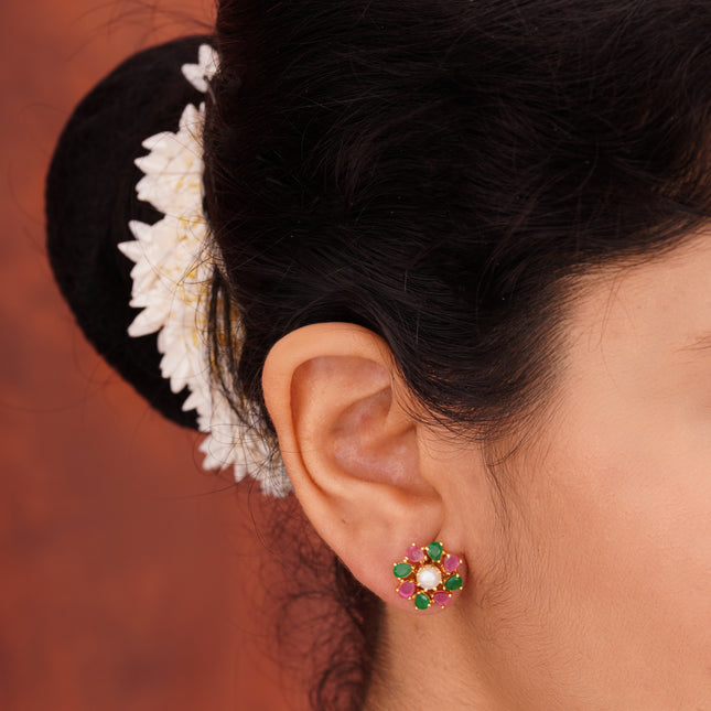 Handcrafted Ruby Moti Embrald  Ear Tops