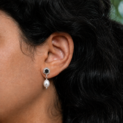 Hexagon Pearl Drop 92.5 Silver Stud Earrings