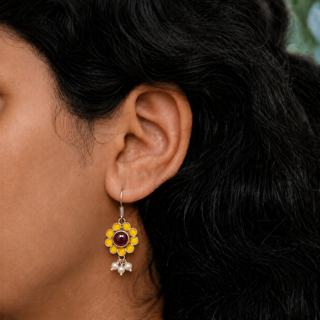 Marigold Enamel Bloom 92.5 Oxidised Silver Dangler Earrings